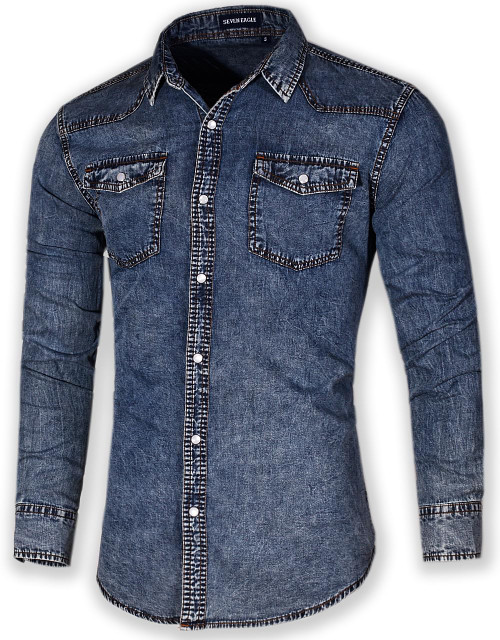 Men's Long Sleeve Double Pocket Snap Denim Shirt (Medium, Navy Snow)