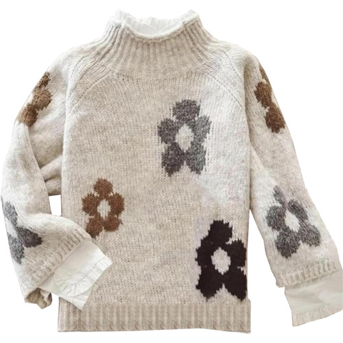 Womens Fair Isle Sweaters Chunky Oversized Mock Neck Floral Sweater 2026 Casual Loose Long Sleeve Pullover Knit Jumper Ivory