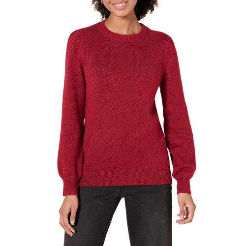 Amazon Essentials Women's Soft Touch Pleated Shoulder Crewneck Sweater, Dark Red, Medium