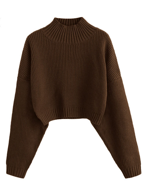 ZAFUL Women's Cropped Turtleneck Sweater Lantern Sleeve Ribbed Knit Pullover Sweater Jumper (1-Deep Brown, M)