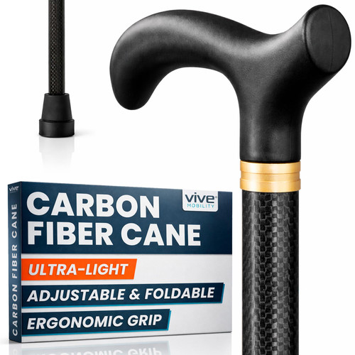 Vive Adjustable Walking Cane, Carbon Fiber - Lightweight Stick for Men, Women - Mobility Aid, Adjust Height, Rubber Tip-Portable Hurry Support for Seniors, Elderly, Balance-Ultra Light, Soft Hand Grip