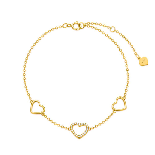 SISGEM 14k Gold Diamond Three Heart Anklets for Women, Love Ankle Bracelet Anniversary Jewelry for Wife, Birthday Gifts for Her, (0.11 ct) 9.4"-11"