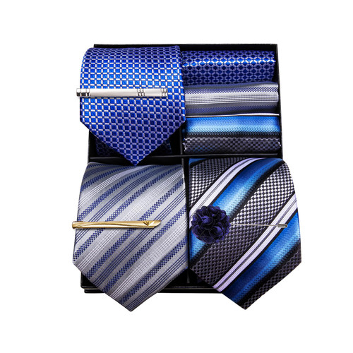 Barry.Wang Mens Gift Box Tie Set 3PCS Silk Stripe Paisley Necktie Pocket Square Cufflinks Lapel Pin Business Wedding