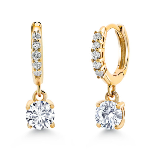 Gem Stone King 10K Yellow Gold Gemstone Birthstone and White Lab Grown Diamond Dangle Drop Huggie Hoop Earrings | Round 4MM | Gold Earrings For Women