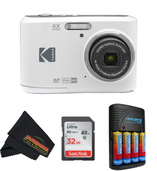 KODAK PIXPRO FZ45 16MP CMOS Sensor Digital Camera 5X Optical Zoom with Sunshine Photo Microfiber Cleaning Cloth (Basic Bundle, White)