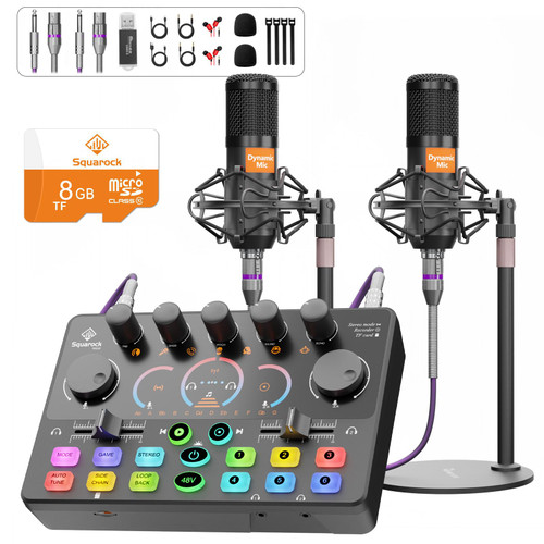 Podcast Equipment Bundle for 2, Audio Mixer with 8GB Memory Card and Dynamic Mics,RGB,Built-in Recorder, Customize Button, Stereo for Vocal Recording Podcasting,Streaming Camera, PC, Phone.(RS2i2)