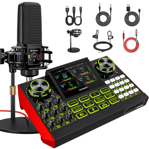 Podcast equipment bundle with live sound card audio mixer, podcast equipment with 3.5mm microphone, soundboard for phone, computer, live streaming, singing, recording, and content creation.