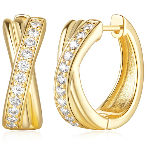 14K Gold Hoop Earrings 14K Gold Earrings for Women Thick Small Diamond Hoop Earring X-shaped Hoops Earring for Women 17MM (Hinged back)