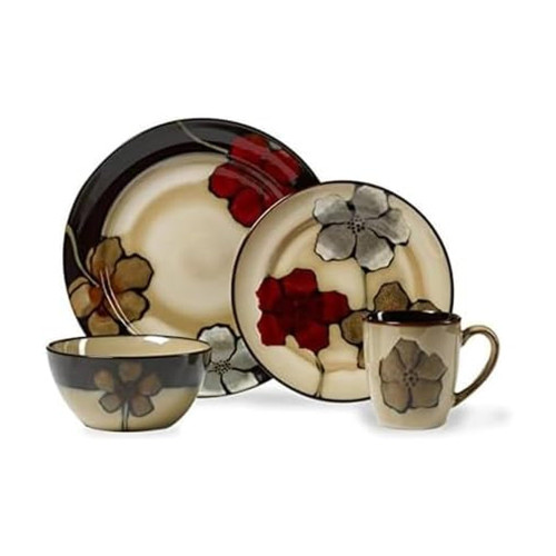 Pfaltzgraff Painted Poppies 16-Piece Dinnerware Set, Service for 4, Colorful Floral Stoneware Plates, Bowls, and Mugs, Microwave and Dishwasher Safe