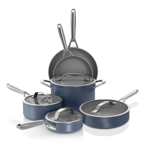 Ninja Ceramic Pro 10Piece Cookware Set, NonStick Pots & Pans Set with Glass Lids, Nontoxic, PTFE Free, Ceramic Coated, Stove to Oven Safe, All Stovetop & Induction Compatible, Midnight Blue, CW39010MM