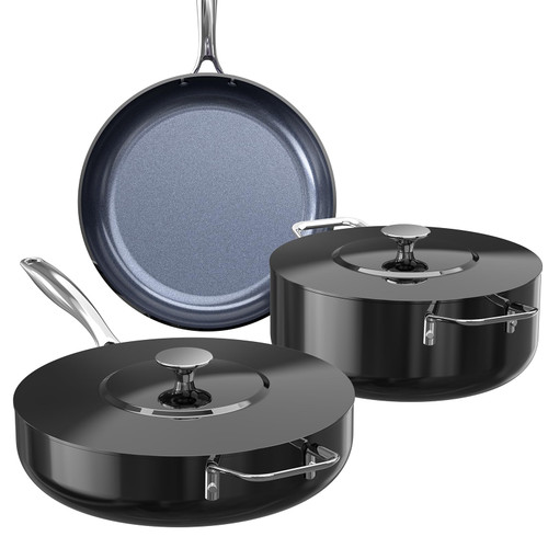Nuwave Essential Series 5PC Ceramic Cookware Set PFAS-Free, G11 Duralon Blue Coating, Pots and Pans Set Non Stick, Diamond Scratch-Resistant,Stay-Cool Handle, Metal Lid,Induction Ready,Dishwasher Safe