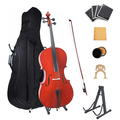 Ceciliec Cello 4/4 Kit, Acoustic Cello for Adults,Students,Beginners,Complete Full Size Cello Instrument Set with Portable Bag, Stand, Bow, Rosin, Red