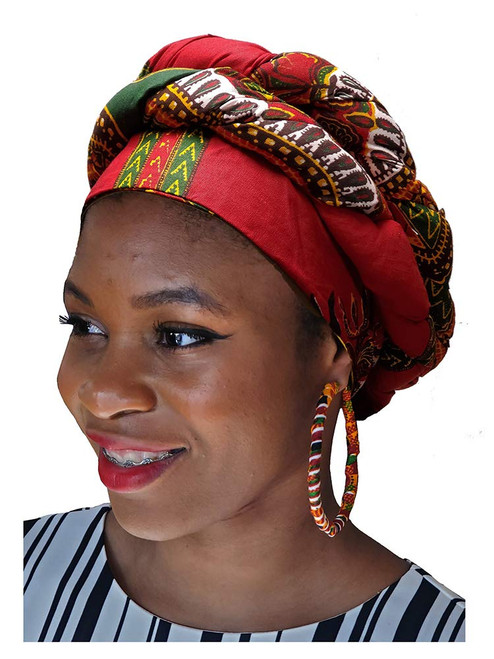 Dupsie's Red African Dashiki Print Ankara Modu Hat Pre-tied Head wrap