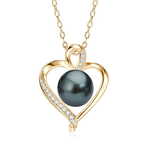 Tahitian Black Pearl Heart Necklace for Women, 14K Gold Plated Pearl Pendant Necklace with Moissanite, Gift for Wife Mom Birthday Anniversary Jewelry