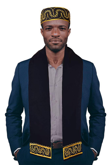 Dupsie's Adebo Black with Gold Embroidered African Hat and Sash/Scarf