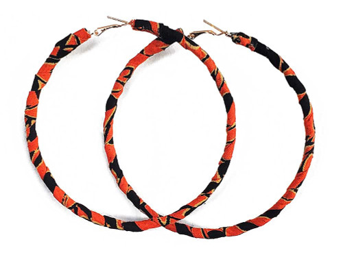 Dupsie's Orange Hoop Earrings wrapped in African Print Fabric