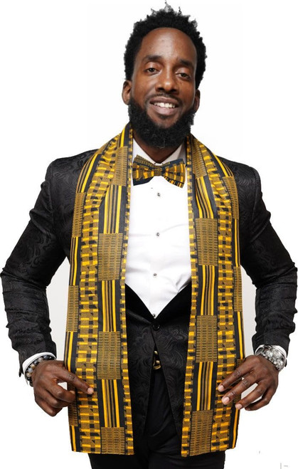 Dupsie's Gold Kente African Print Attire Stole/Sash, with Bowtie Made in Africa Black History, Choir, Church, Schools