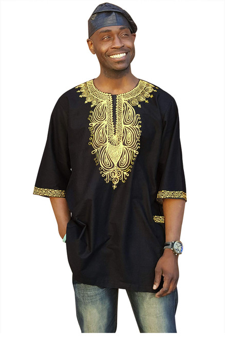 Dupsie's Black Cotton Dashiki Shirt with Gold Embroidery (Large)
