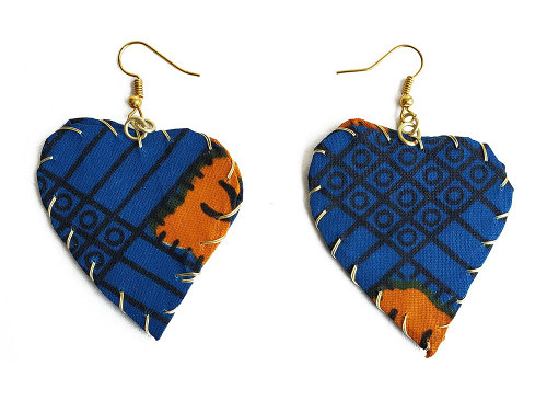 Dupsie's Blue Heart-shaped fishhook Earrings wrapped in African Print Fabric
