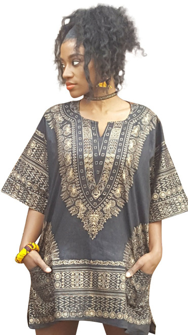 Black and Gold Traditional African Dashiki Shirt (Medium)