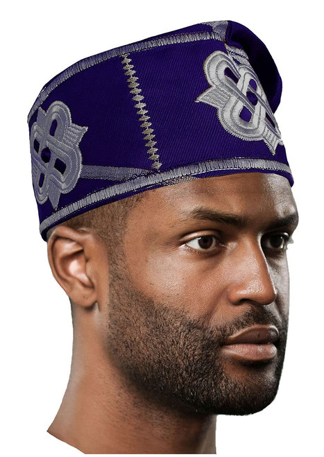 Royal-Blue and Silver Embroidered African Hand woven Aso Oke Hat