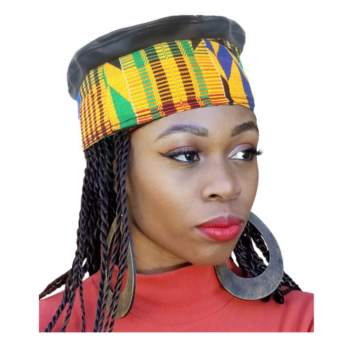 African Hand Woven Kente Kufi Hat with Faux Leather Black