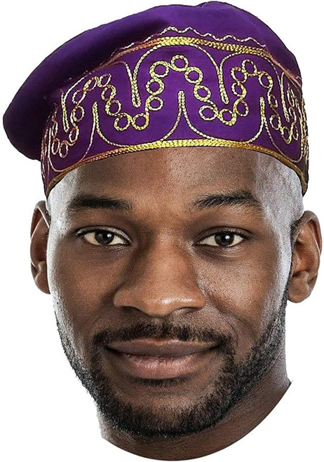 Dupsie's Adebo Purple African Kufi Hat with Gold Embroidery Size 7 1/2 (23.5 Inches) (XL)