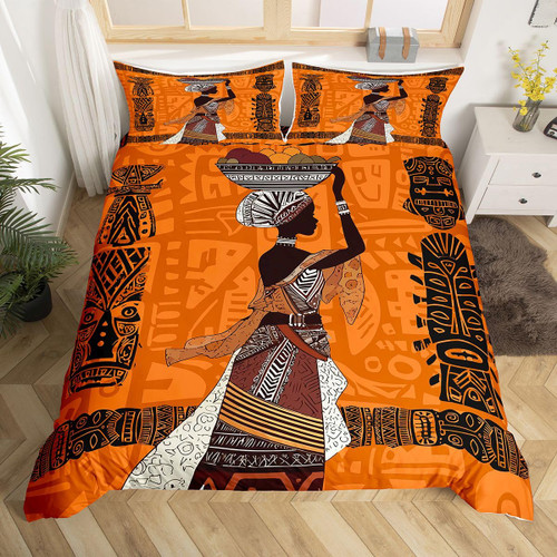 Feelyou African Duvet Cover Set King Size Ethnic African Landscape Print Bedding Set Exotic Afro Woman Animal Comforter Cover Decorative Aboriginal Bedspread Cover Microfiber Zipper 3 Pieces