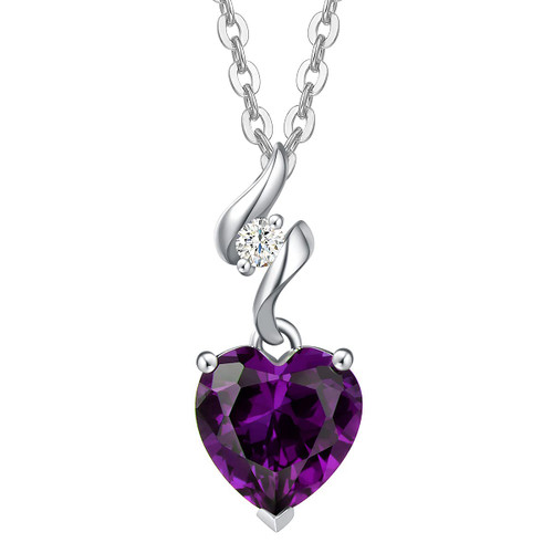 AGVANA Valentines Day Gifts for Her 14K Solid White Gold Diamond Amethyst Heart Pendant Necklace for Women with Sterling Silver Chain February Birthstone Jewelry for Women Anniversary Birthday Gifts