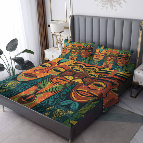 Xyzdorv African Mask Sheet Set King Size, Tribal Print Bed Sheets, Ethnic Cultural Aesthetic Bedding 4 Piece for Bedroom Decor - 12 Inch Deep Pocket, Super Soft Microfiber & Wrinkle Free