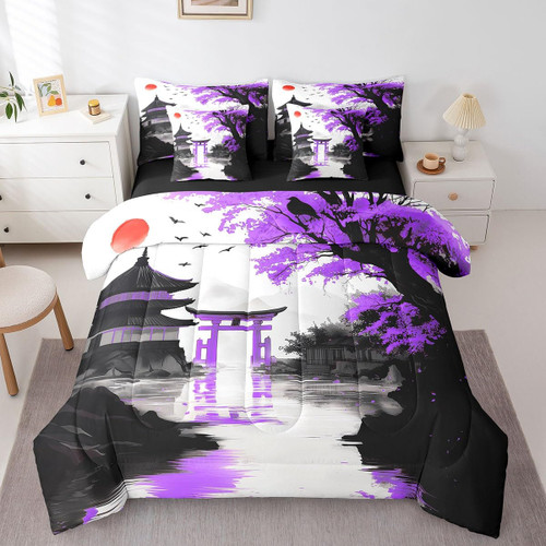 7 Piece Japanese Bedding Set With Sheets Full Sun Cherry Blossom Comforter Set Watercolor Black Purple Mountain Sakura Floral Bed In A Bag For Girls Adults Women Asian Chinese Ink Anime Bed Set