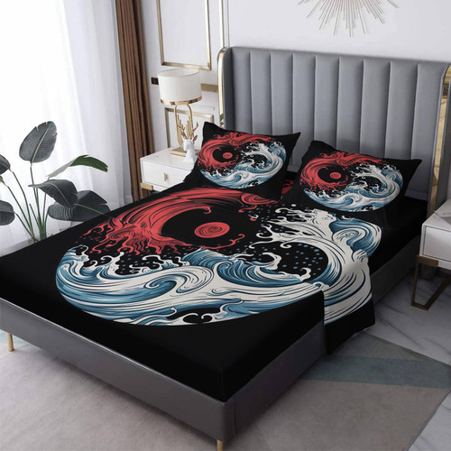 Yin Yang Sheets Queen Sheet Set - Japanese Great Wave Bed Sheets, Soft Microfiber & Deep Pocket & Wrinkle Free Patterned Bedding Sheets & Pillowcases, 1 Fitted Sheet, 1 Flat Sheet, 2 Pillow Cases