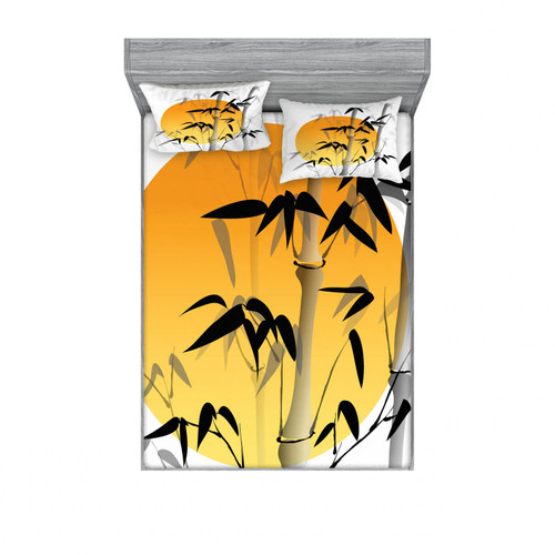 Ambesonne Asian Themed 2 Pack Fitted Sheet & Pillow Sham Set, Retro Sun Leafy Tree, 4 Pcs Bedding Decor, Package Contains 2 Queen Size Fitted Sheets & 4 Pillow Covers, Orange White Black