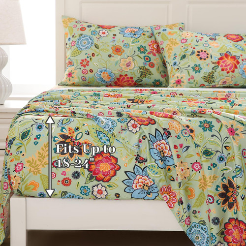 MEISHANG Queen Sheet Set - Ultra Soft Floral Sheets Extra Deep Pocket Fitted 18-24 Inch 100% Microfiber,1800 Thread Count Floral Bed Sheets Oeko-Tex Certificated 4 Pieces - Sage Green