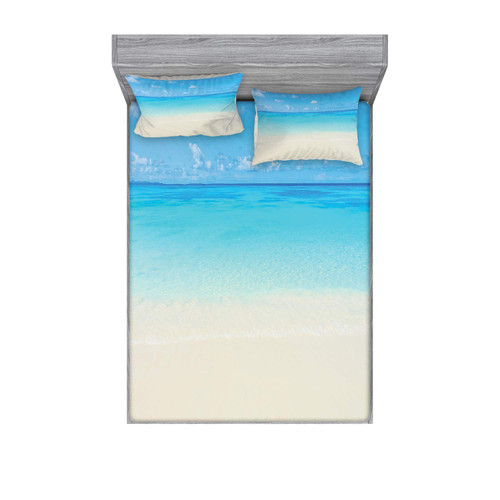 Ambesonne Ocean Fitted Sheet & Pillow Sham Set, Paradise Coast in Tropical Caribbean Sea Sky View Beach House Theme, Decorative Printed 3 Piece Bedding Decor Set, Queen, Cream Navy