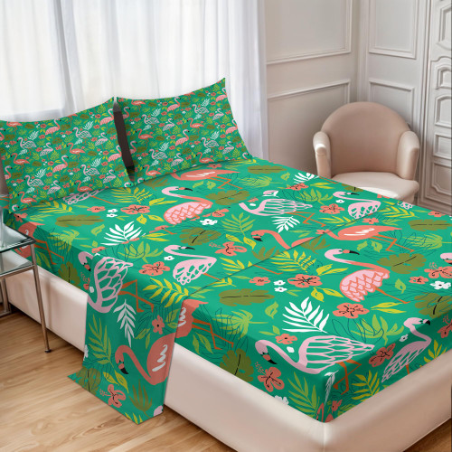 Ambesonne Tropical Sheet Set, Caribbean Style Flourishing Elements and Flamingos, Fitted and Flat Sheet with Pillowcases Bedding Accent 4 Piece Set, Calking, Sea Green Salmon