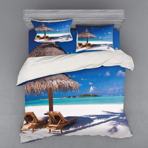Ambesonne Landscape Bedding Set, Island Caribbean Honeymoon Themed Beach Seashore Ocean Print, 4 Piece Duvet Cover Set with Shams and Fitted Sheet, King Size, Pale Brown Turquoise