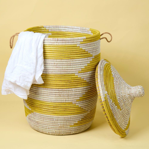 Yellow Laundry Basket with Hooded Lid, Bedroom Hamper, Nursery Toys Bin, Living Room Blankets Storage, Decorative, Wicker, Sturdy, Round, Handles, African, Hand Woven, Made in Senegal (Large)
