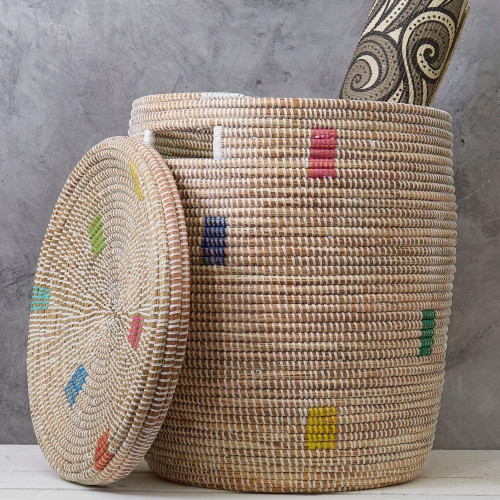 White Color Blocks Laundry Basket with Lid, 15" W, 17"H, Bedroom Hamper, Nursery Toys Bin, Living Room Blankets Storage, Decorative, Wicker, Sturdy, Round, African, Hand Woven, Made in Senegal