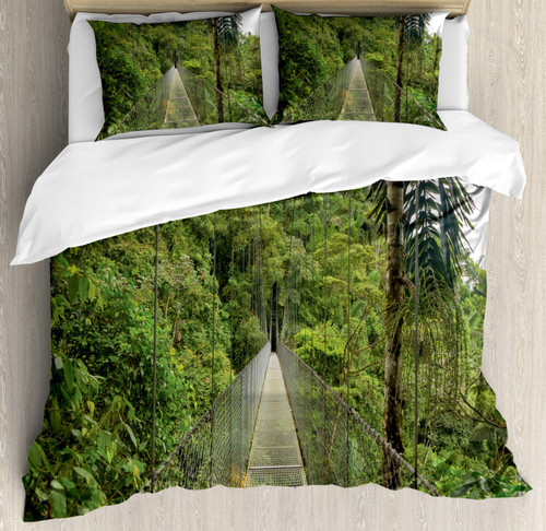 Ambesonne Central America Duvet Cover Set, Suspended Bridge at Natural Rainforest Park in Costa Rica Natural Landscape, Decorative 3 Piece Bedding Set with 2 Pillow Shams, Queen Size, Multicolor