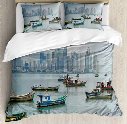 Ambesonne Landscape Duvet Cover Set, Anchored Fishing Boats Skyscrapers Panama Cityscape Pacific Coast Central America, Decorative 3 Piece Bedding Set with 2 Pillow Shams, King Size, Multicolor
