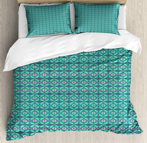 Ambesonne Guatemalan Duvet Cover Set, Maya Vibrant Forms Triangles Colombian Pattern, Decorative 3 Piece Bedding Set with 2 Pillow Shams, Queen Size, Sea Green Magenta