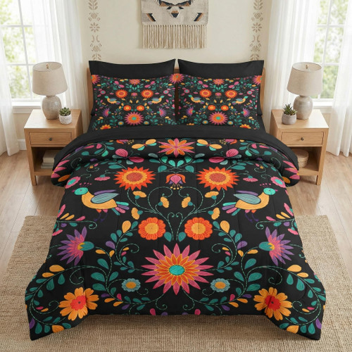 Nesker 7 Pcs Comforter Set Queen Size, Colorful Mexican Flower Bedding Set for Kids and Adults, Retro Floral Leaves Bed Sheet Sets with Fitted Sheet 2 Pillowcases & 2 Shams