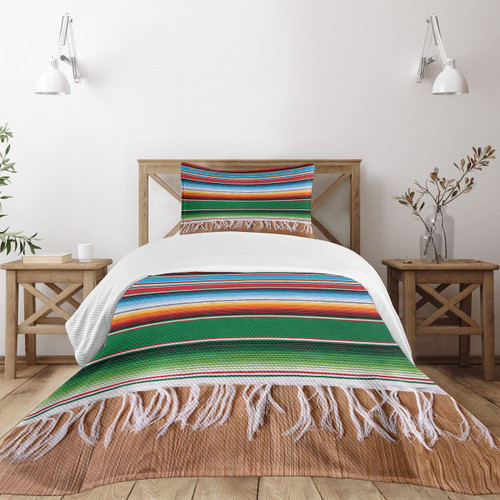 Lunarable Mexican Bedspread, Colorful Boho Serape Pattern Horizontal Stripes and Lines Cultures Picture, Decorative Quilted 2 Piece Coverlet Set with Pillow Sham, Twin Size, Green Red