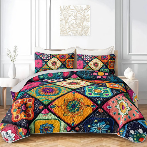 Axolotl Boho Mandala Quilt Set Queen, Mexican Talavera Quilt Coverlet for Women, Bohemian Retro Abstract Bedspread, 3Pcs Exotic Flowers Geometric Bed Coverlet, Cozy Bedspread with 2 Pillowcases