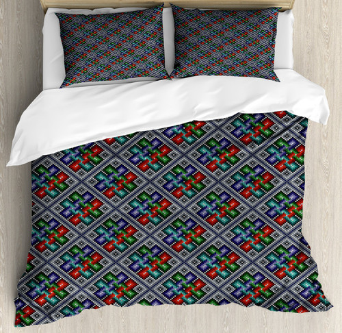 Ethnic Duvet Cover Set, Traditional Folk Pattern in Knitting Form South American Ecuador Geometric Tropical, Decorative 3 Piece Bedding Set with 2 Pillow Shams, Queen Size, Dimgray Multicolor
