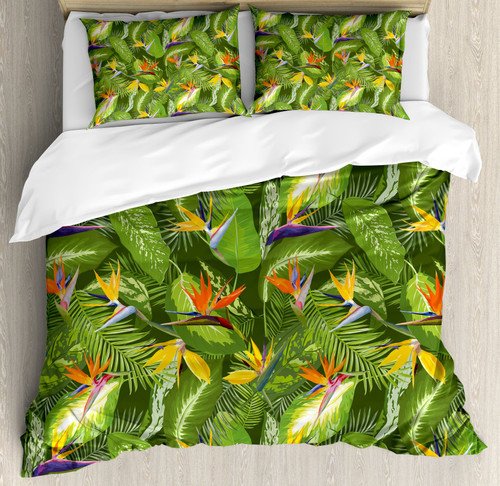 Ambesonne Leaf Duvet Cover Set, Fresh Brazilian Forest Untouched Jungle Paradise Tropical Foliage Flowers, Decorative 3 Piece Bedding Set with 2 Pillow Shams, Queen Size, Yellow Orange