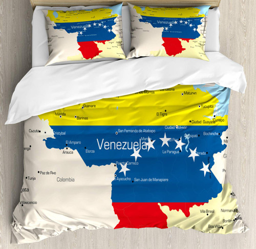 Ambesonne Venezuela Duvet Cover Set, Colorful and Detailed Map Illustration Country Names and Regions Flag Colors, Decorative 3 Piece Bedding Set with 2 Pillow Shams, California King, Red Blue