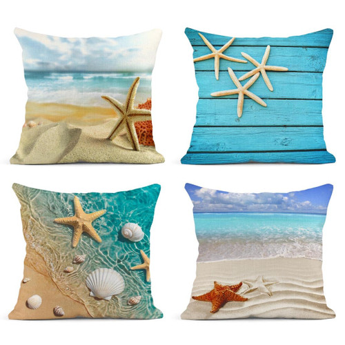ArtSocket Set of 4 Throw Pillow Covers Starfish and Seashell Summer Beach in Sea Water Time Caribbean Decor Linen Pillow Cases Home Decorative Square 18x18 Inches Pillowcases