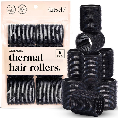 Kitsch Ceramic Thermal Hair Rollers for Women – Self Grip Hair Curlers for Heatless Curls Overnight - Volumizing Large Rollers for Short & Long Hair - For Long Lasting Frizz-Free Curls - Black, 8pcs